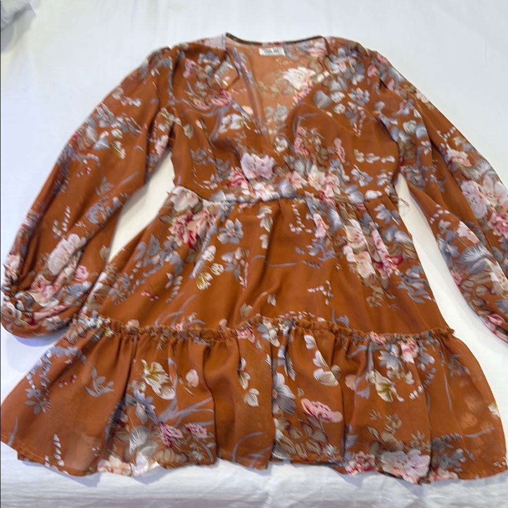 Natural Steps Brown and Pink Tiered Sundress with Long Bishop Sleeves